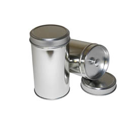 Falzdeckeldosen: runde Stülpdeckeldose für Gewürze; aus Weißblech, mit doppeltem Deckel.
